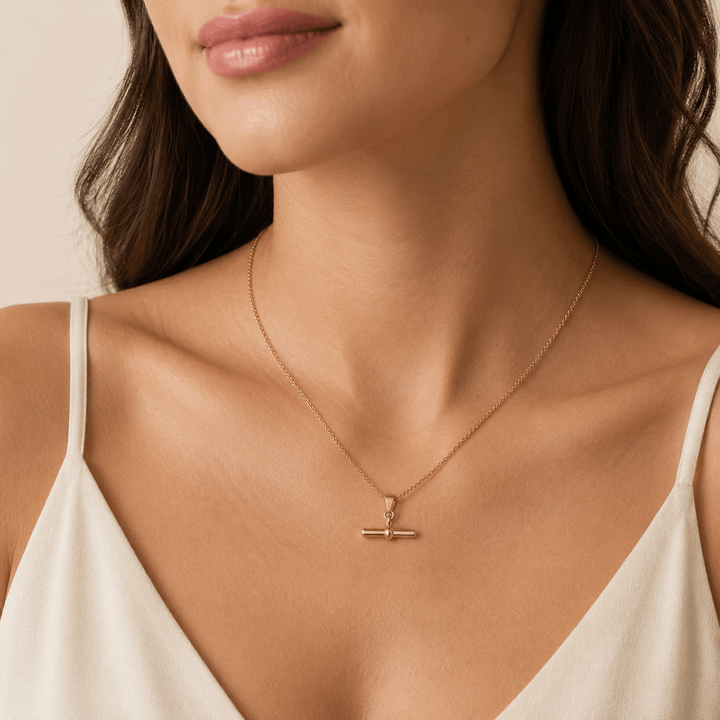 T-bar pendant necklace worn at the neckline
