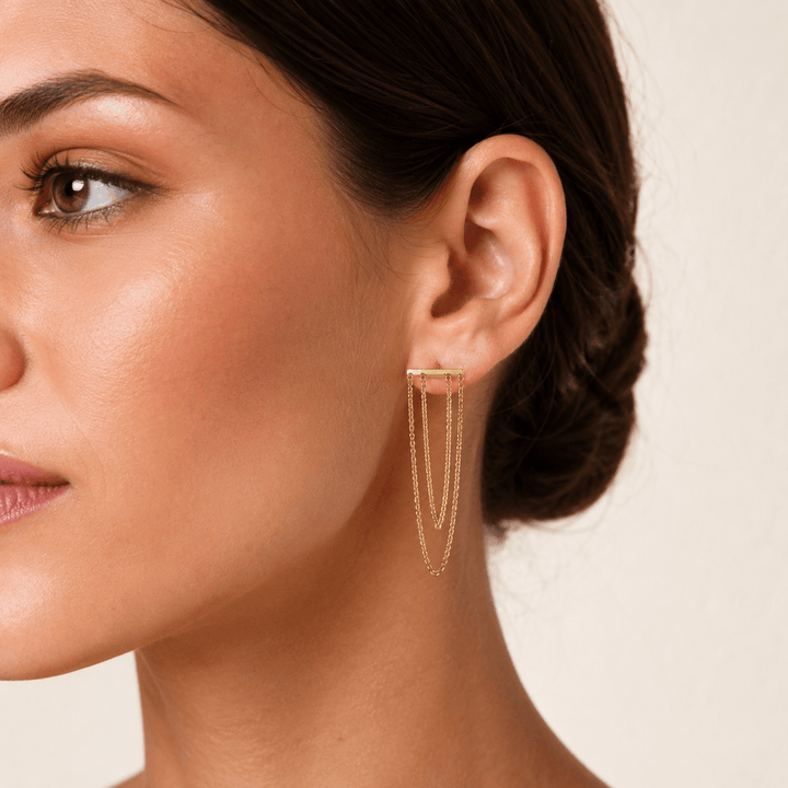 Layered chain drop earrings worn on the ear