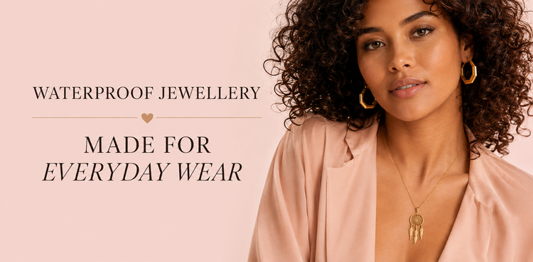Woman with curly hair wearing gold hoop earrings and a gold pendant necklace, beside the text Waterproof Jewellery, Made for Everyday Wear