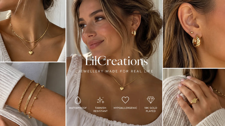 LilCreations gold-plated jewellery worn by a model - necklaces, earrings, bracelets and ring, waterproof, tarnish resistant, hypoallergenic, 18K gold plated